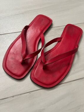 H&M worn Red Square-Toe Leather Flip Flop Sandals